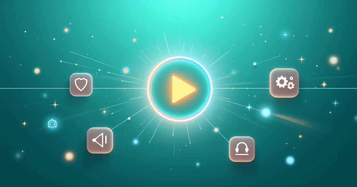 Automating social posting: a play button linked to app tiles, a calendar, and a safety shield